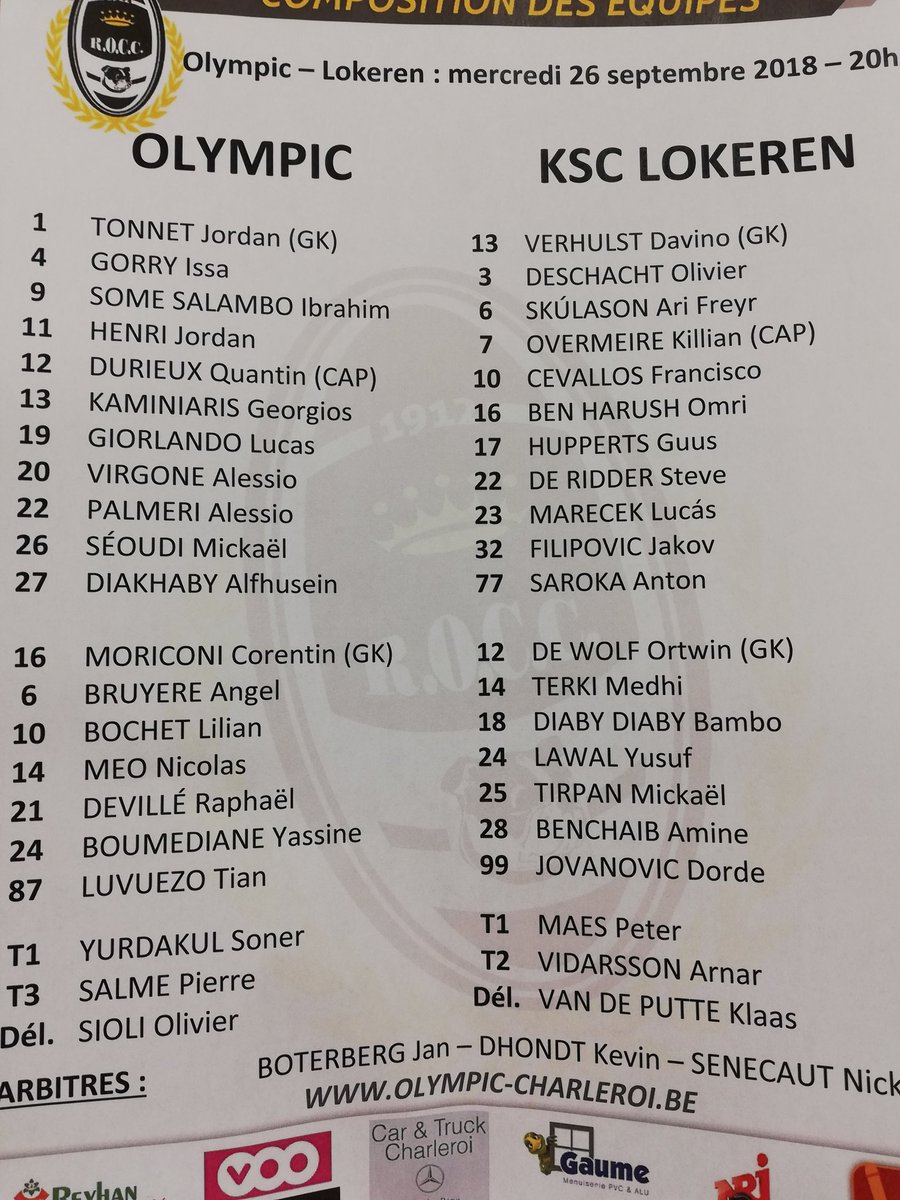 Alineaciones Lokeren vs Olympic