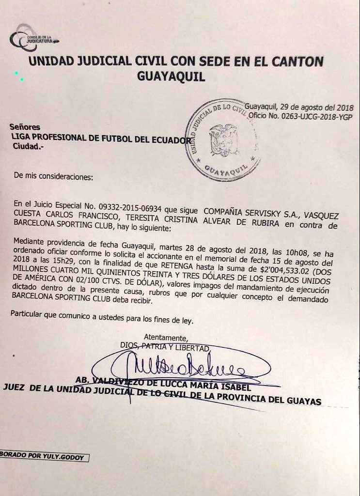 SERVISKY solicita a la Liga PRO pago de dos millones de dólares por Barcelona SC