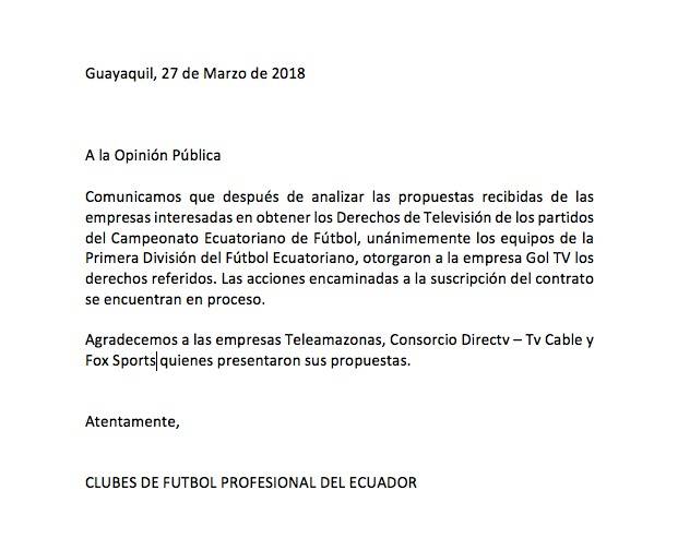 Comunicado Derechos TV