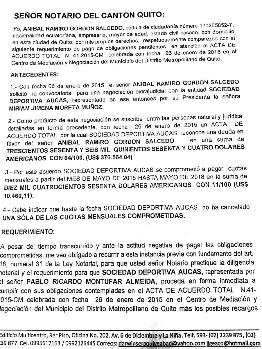 Solicitud de pagos de Ramiro Gordon a Aucas